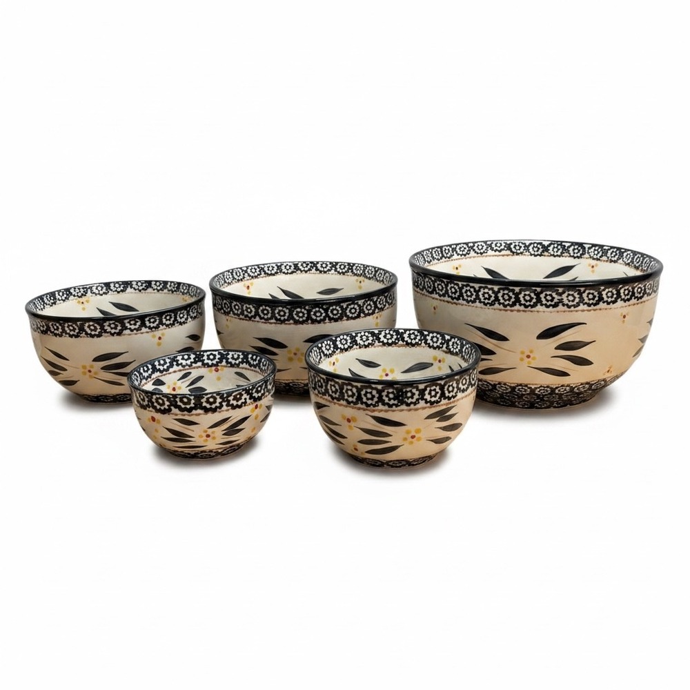 Temp-tations Old World Mixing Bowls Set of 5 Cream Black Floral Ceramic Nesting